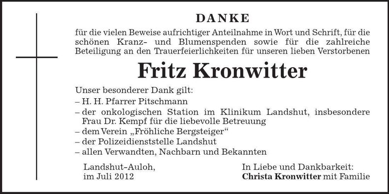 Traueranzeige Fritz Kronwitter