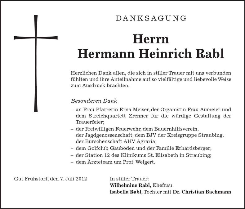 Traueranzeige Hermann Heinrich Rabl