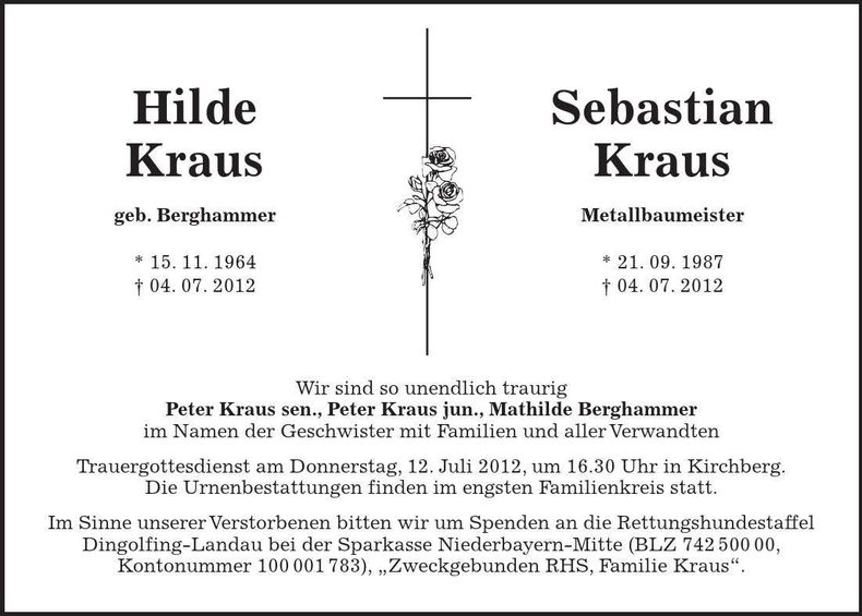 Traueranzeige Hilde und Sebastian Kraus
