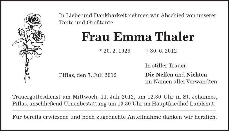 Traueranzeige Emma Thaler