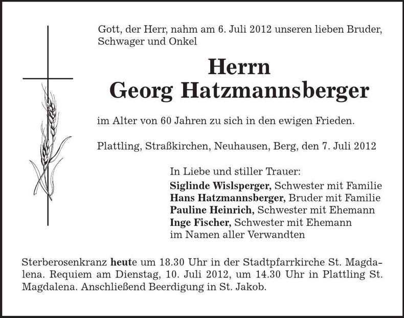 Traueranzeige Georg Hatzmannsberger