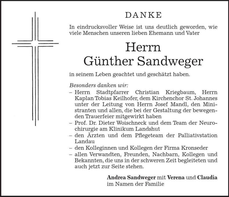 Traueranzeige Günther Sandweger