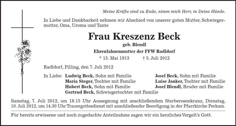 Traueranzeige Kreszenz Beck