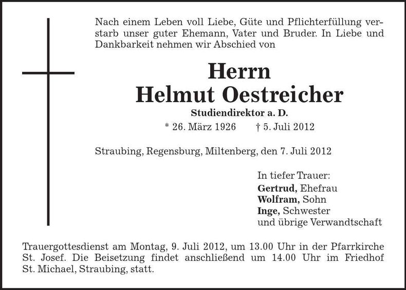Traueranzeige Helmut Oestreicher