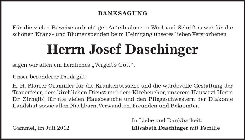 Traueranzeige Josef Daschinger