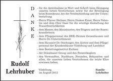 Traueranzeige Rudolf Lehrhuber