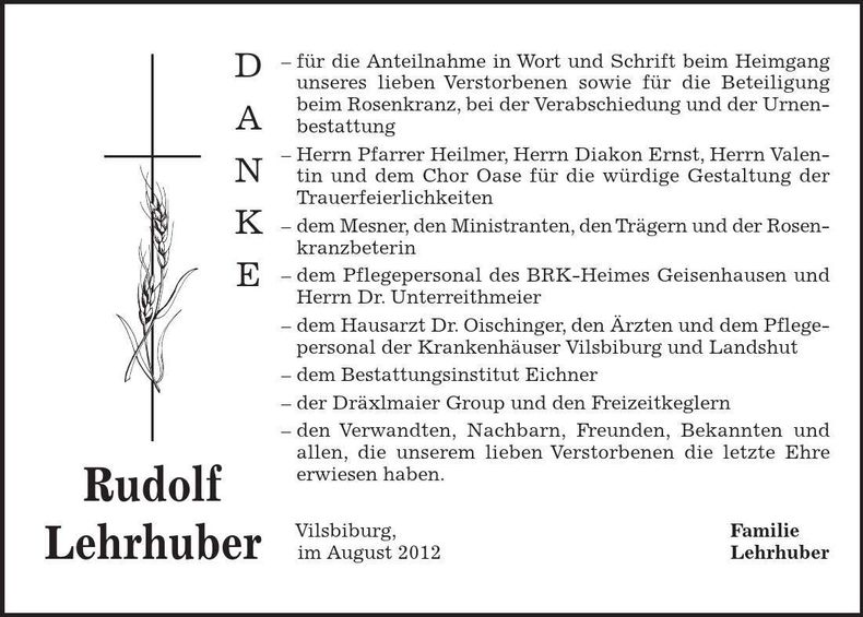 Traueranzeige Rudolf Lehrhuber