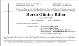 Traueranzeige Günter Biller