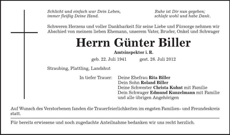 Traueranzeige Günter Biller