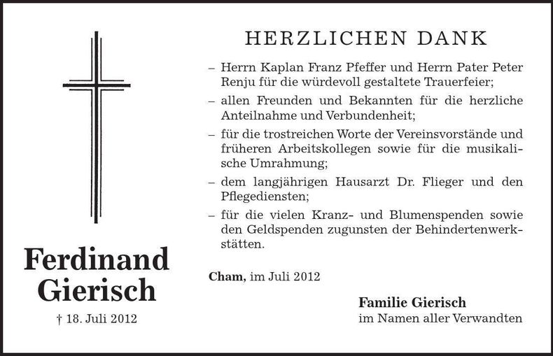 Traueranzeige Ferdinand Gierisch