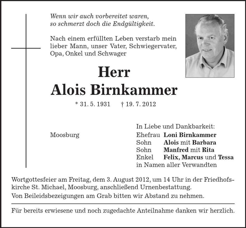 Traueranzeige Alois Birnkammer