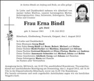 Traueranzeige Erna Bindl
