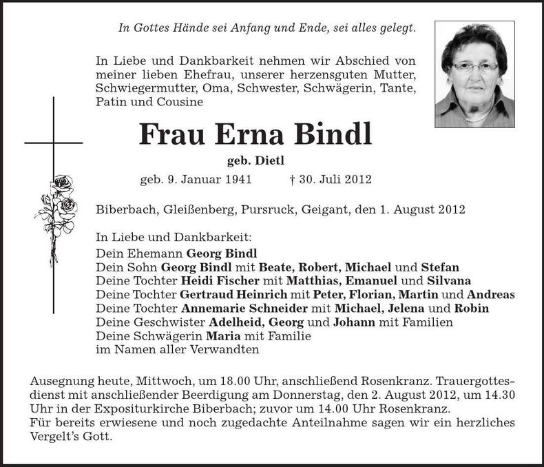 Traueranzeige Erna Bindl