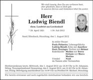 Traueranzeige Ludwig Biendl