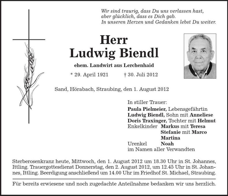 Traueranzeige Ludwig Biendl