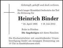 Traueranzeige Heinrich Binder