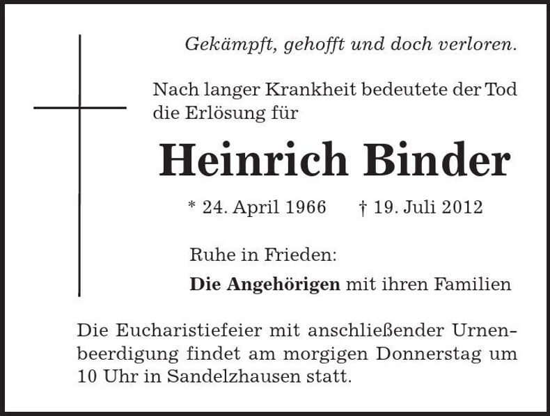 Traueranzeige Heinrich Binder