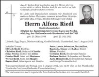 Traueranzeige Alfons Riedl