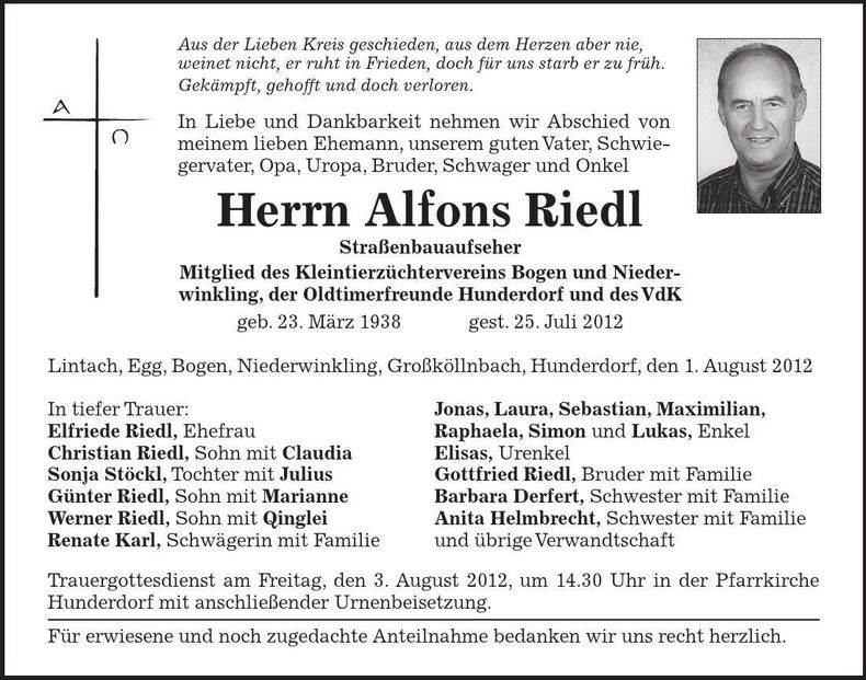 Traueranzeige Alfons Riedl