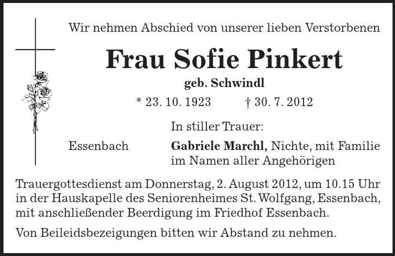 Traueranzeige Sofie Pinkert