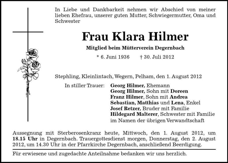 Traueranzeige Klara Hilmer