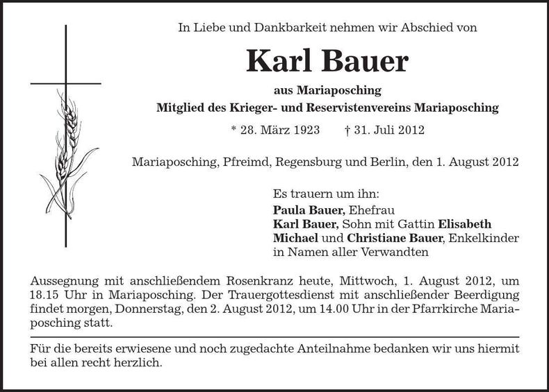 Traueranzeige Karl Bauer
