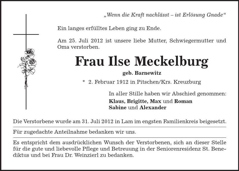 Traueranzeige Ilse Meckelburg