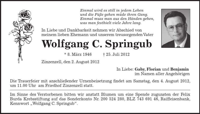 Traueranzeige Wolfgang C. Springub