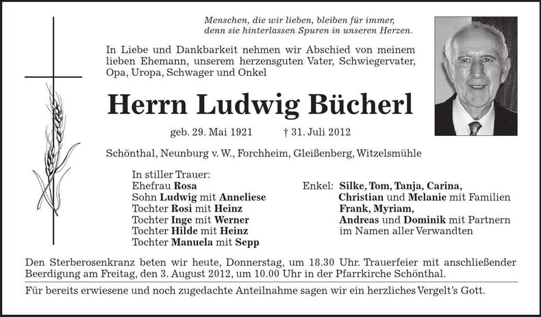 Traueranzeige Ludwig Bücherl