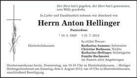 Traueranzeige Anton Hellinger