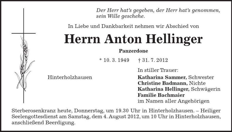 Traueranzeige Anton Hellinger