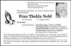 Traueranzeige Thekla Nebl
