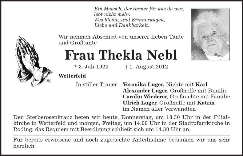 Traueranzeige Thekla Nebl