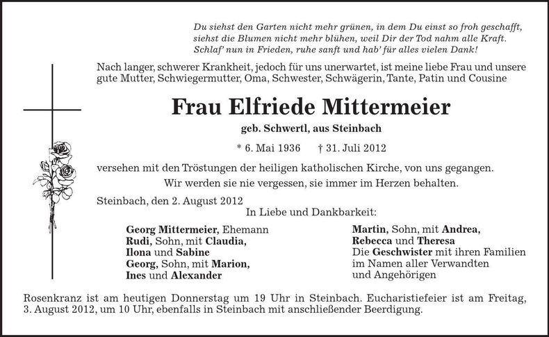 Traueranzeige Elfriede Mittermeier