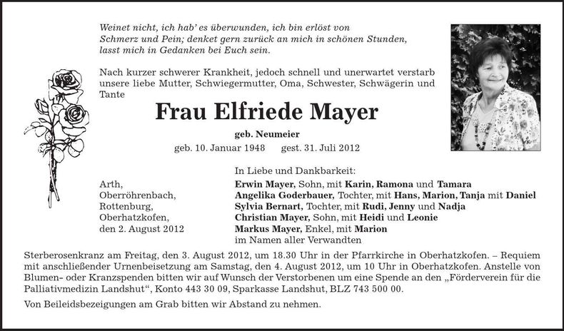 Traueranzeige Elfriede Mayer