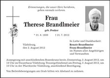 Traueranzeige Therese Brandlmeier