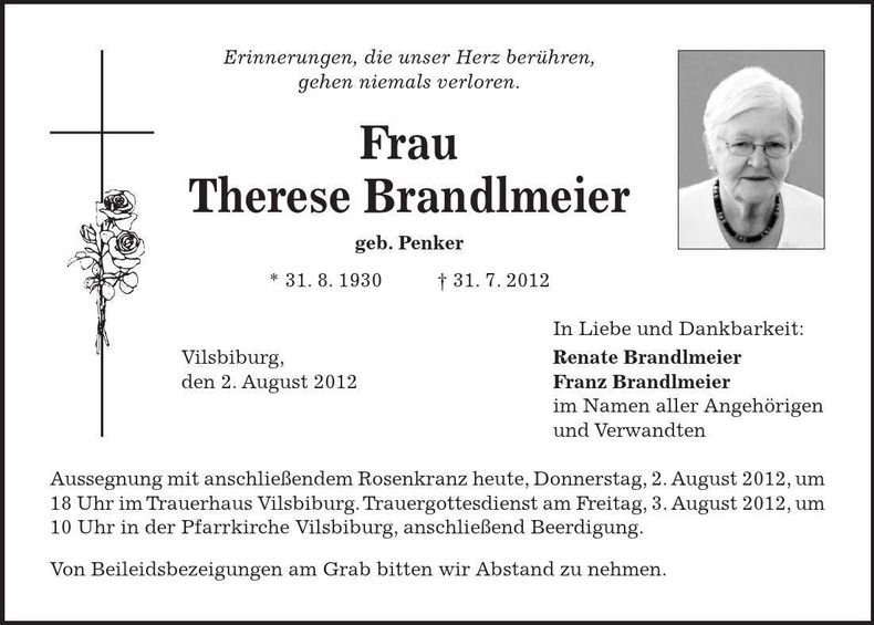 Traueranzeige Therese Brandlmeier