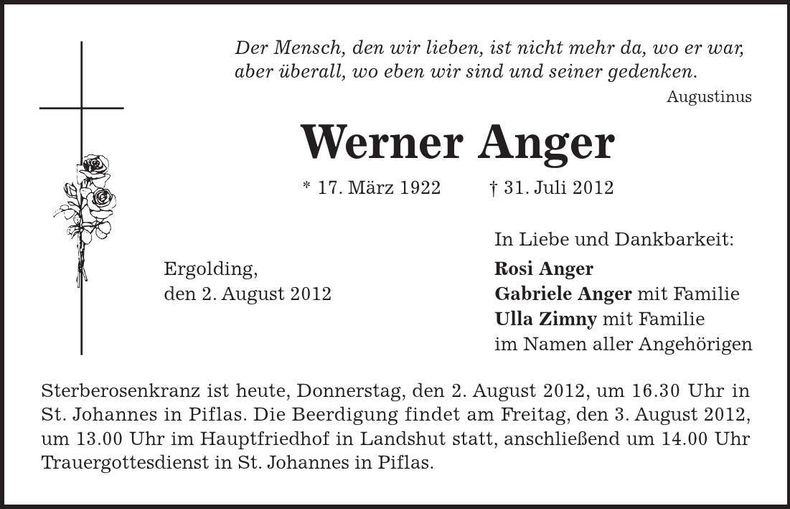 Traueranzeige Werner Anger
