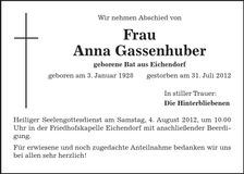 Traueranzeige Anna Gassenhuber