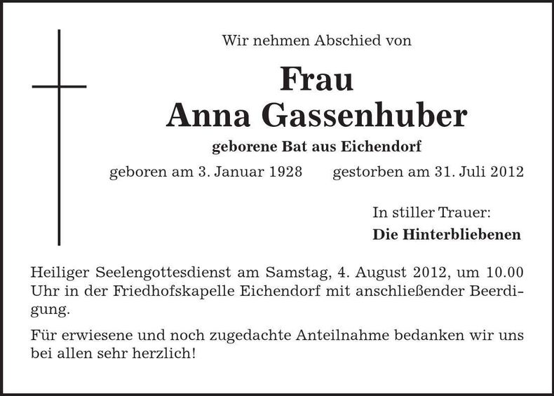 Traueranzeige Anna Gassenhuber