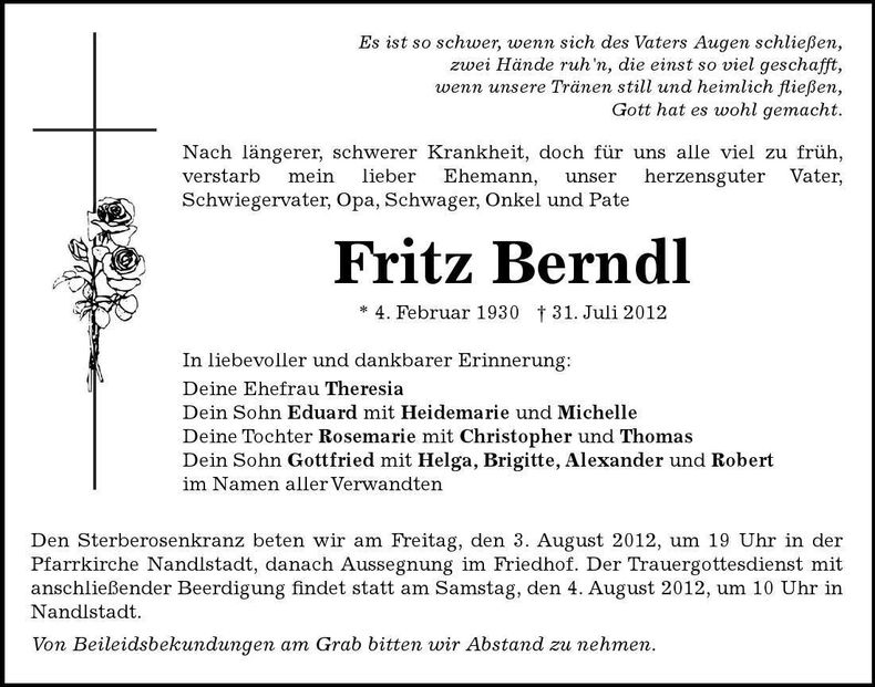 Traueranzeige Fritz Berndl