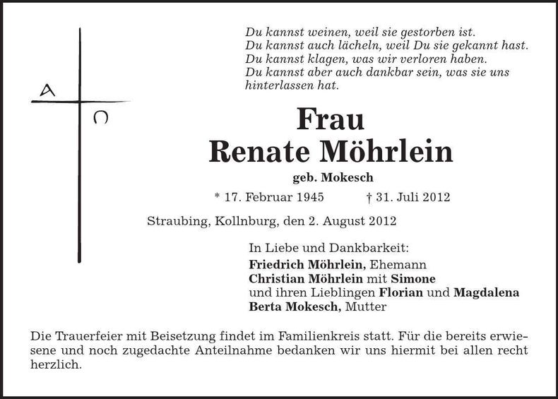 Traueranzeige Renate Möhrlein