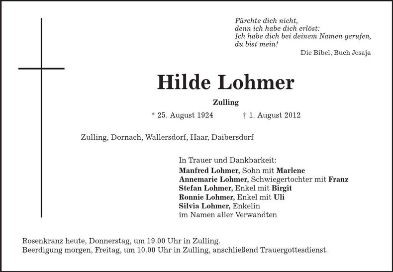 Traueranzeige Hilde Lohmer