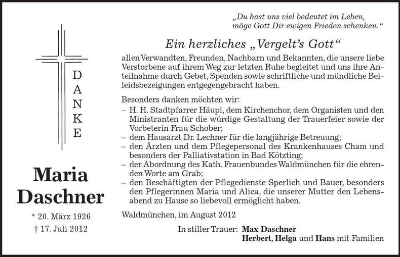 Traueranzeige Maria Daschner