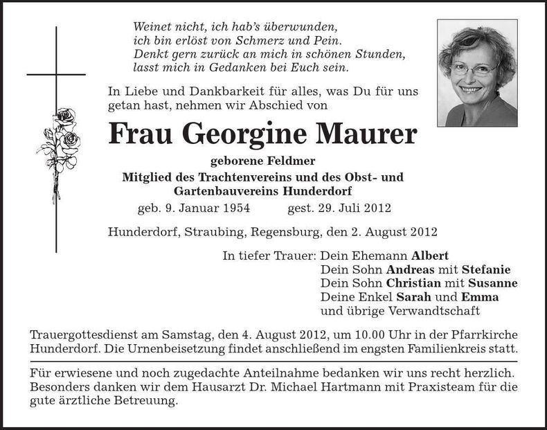 Traueranzeige Georgine Maurer