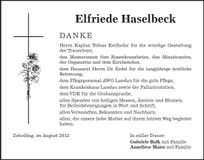 Traueranzeige Elfriede Haselbeck