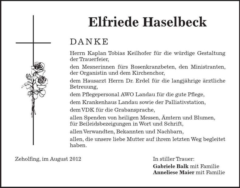 Traueranzeige Elfriede Haselbeck