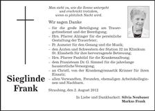 Traueranzeige Sieglinde Frank