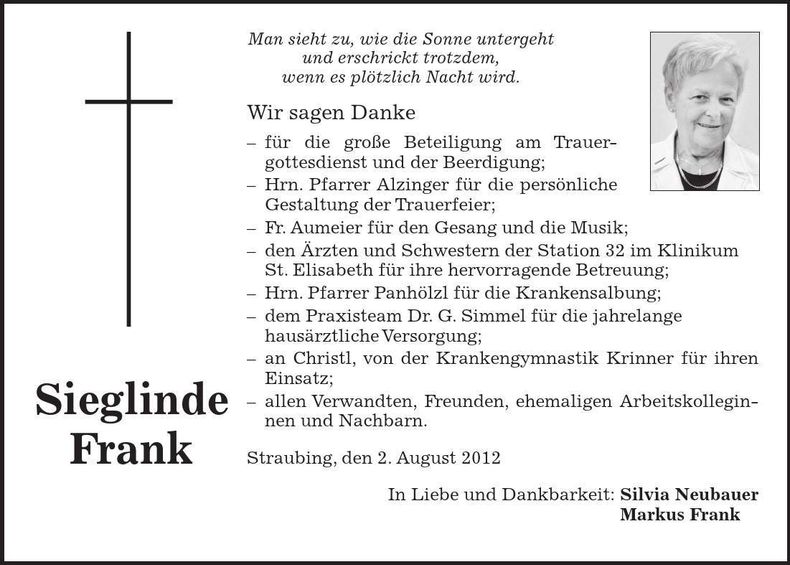 Traueranzeige Sieglinde Frank