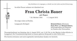 Traueranzeige Christa Bauer